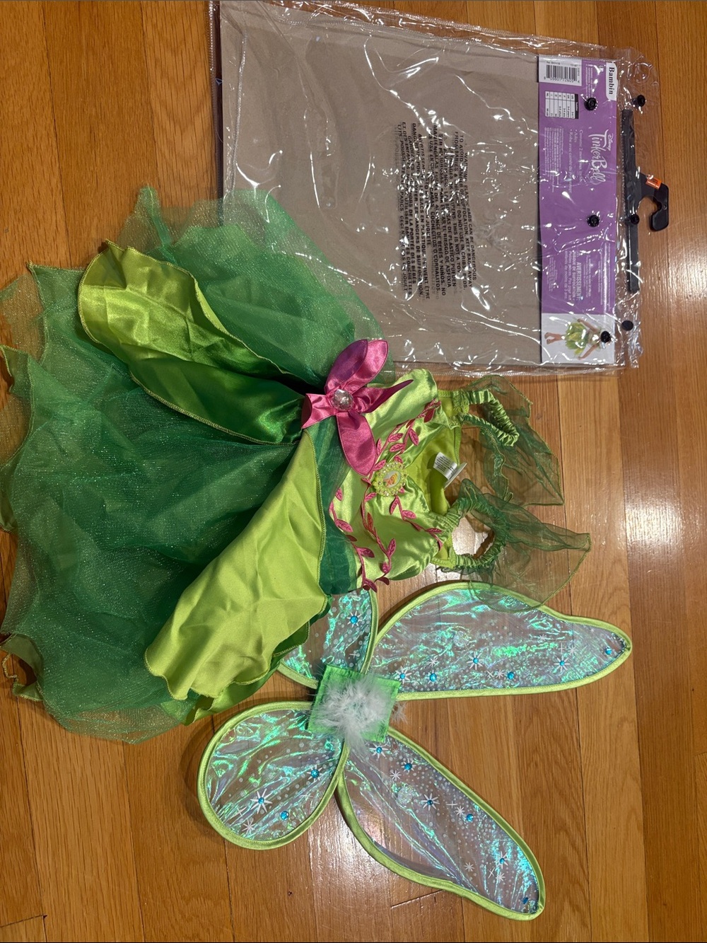 Disney Green Fairy Costume with Iridescent Wings and Pink Flower